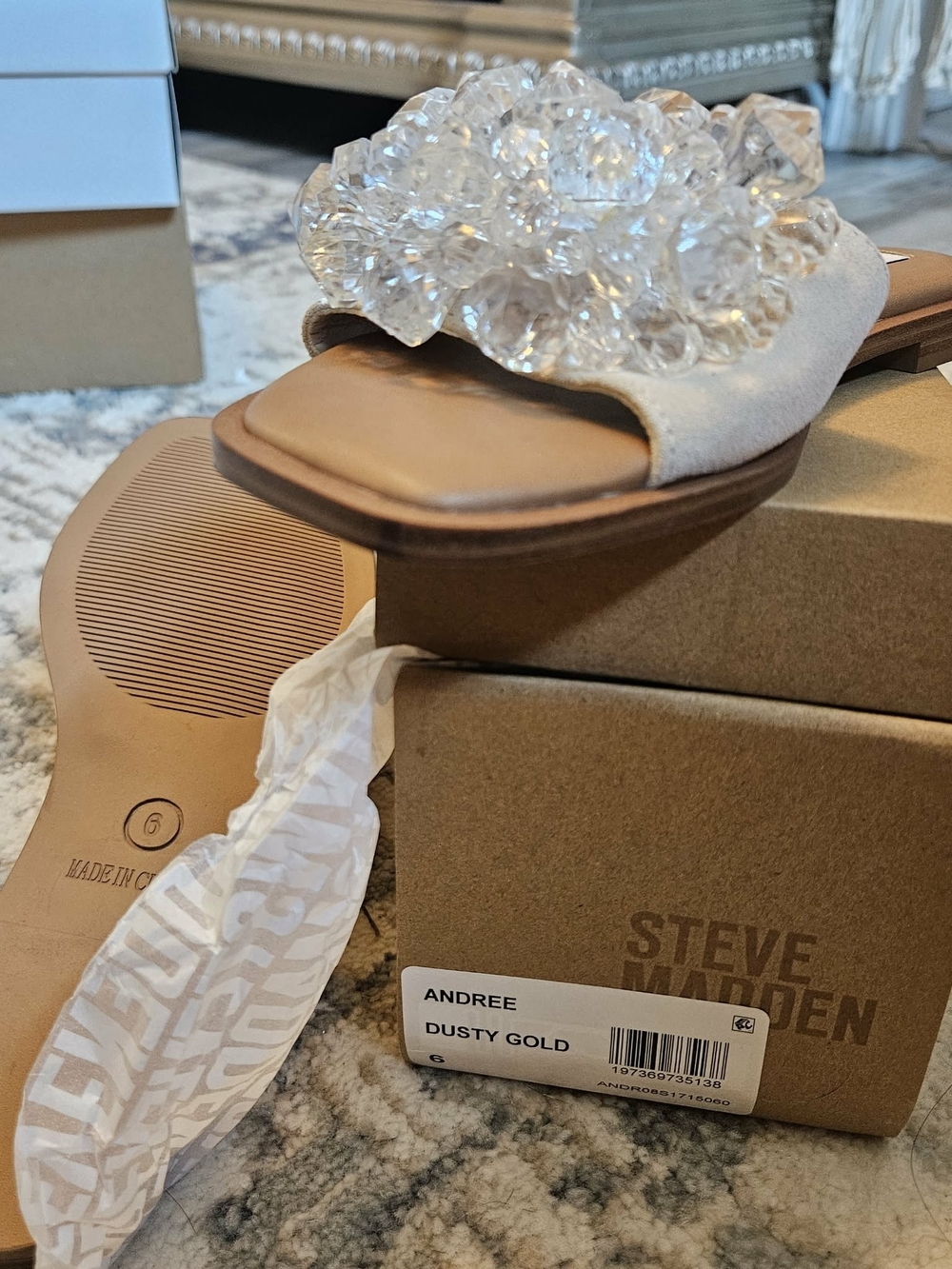 Steve Madden Andree Slide Sandal in Dusty Gold with Crystal Cluster